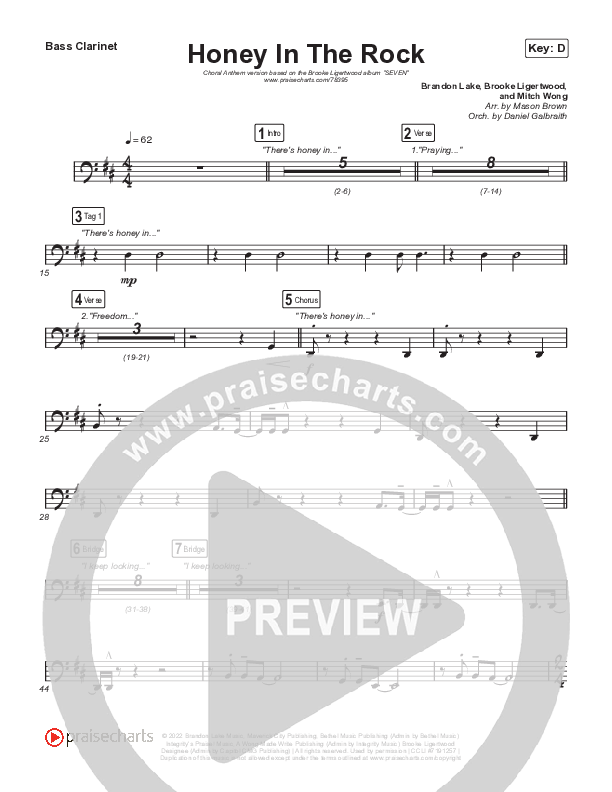 Honey In The Rock (Choral Anthem SATB) Bass Clarinet (Brooke Ligertwood / Arr. Mason Brown)