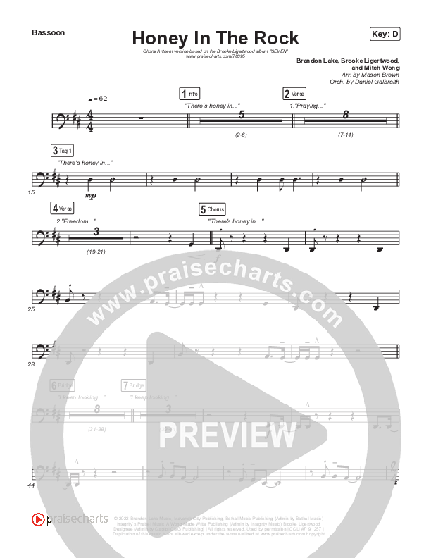Honey In The Rock (Choral Anthem SATB) Bassoon (Brooke Ligertwood / Arr. Mason Brown)