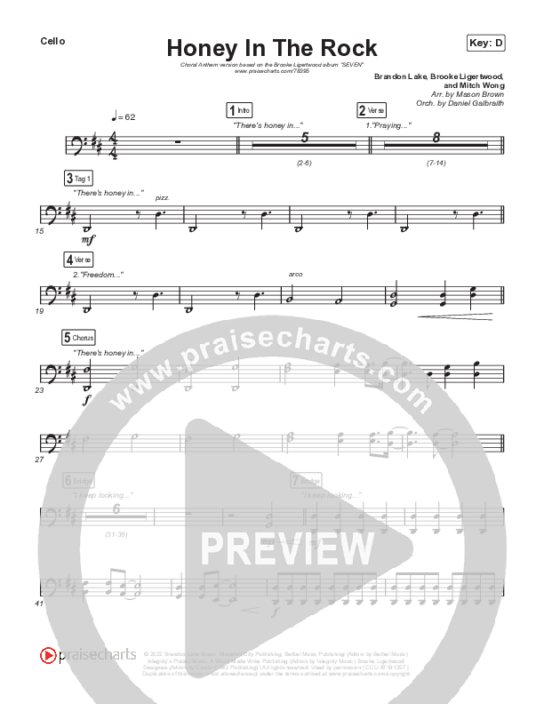 Honey In The Rock (Choral Anthem SATB) Cello (Brooke Ligertwood / Arr. Mason Brown)