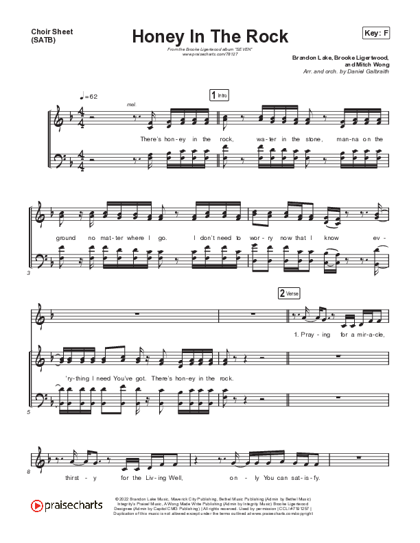 Honey In The Rock (Choral Anthem SATB) Choir Sheet (SATB) (Brooke Ligertwood / Arr. Mason Brown)