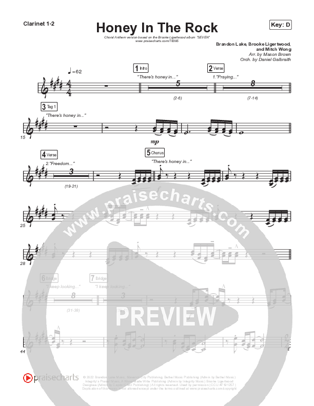 Honey In The Rock (Choral Anthem SATB) Clarinet 1,2 (Brooke Ligertwood / Arr. Mason Brown)