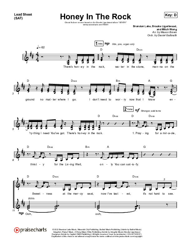 Honey In The Rock (Choral Anthem SATB) Lead Sheet (SAT) (Brooke Ligertwood / Arr. Mason Brown)
