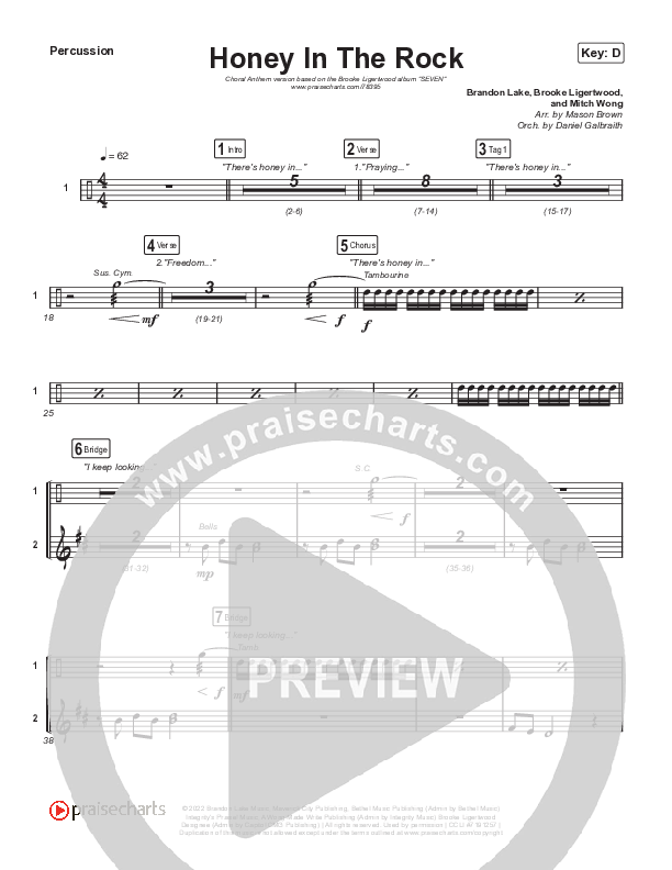 Honey In The Rock (Choral Anthem SATB) Percussion (Brooke Ligertwood / Arr. Mason Brown)