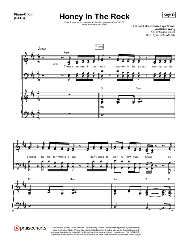Honey In The Rock (Choral Anthem) Anthem (SATB + Piano) (Brooke Ligertwood / Arr. Mason Brown)
