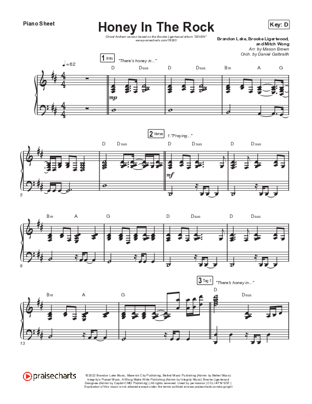 Honey In The Rock (Choral Anthem SATB) Piano Sheet (Brooke Ligertwood / Arr. Mason Brown)