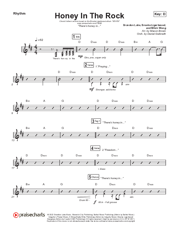 Honey In The Rock (Choral Anthem SATB) Rhythm Chart (Brooke Ligertwood / Arr. Mason Brown)