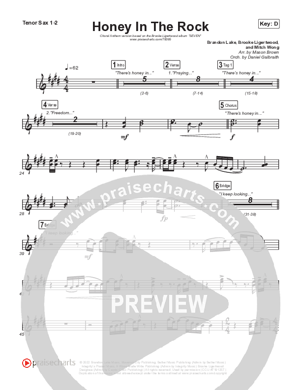 Honey In The Rock (Choral Anthem SATB) Tenor Sax 1,2 (Brooke Ligertwood / Arr. Mason Brown)