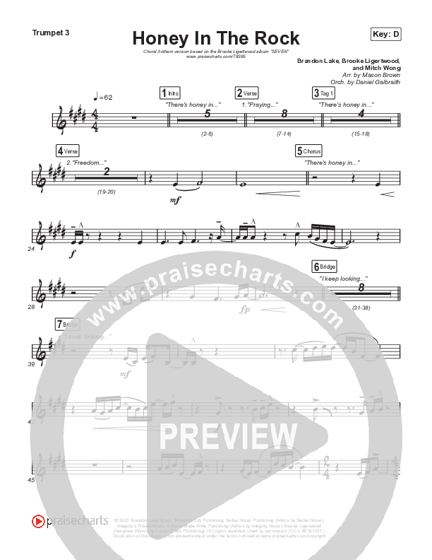Honey In The Rock (Choral Anthem SATB) Trumpet 1,2 (Brooke Ligertwood / Arr. Mason Brown)
