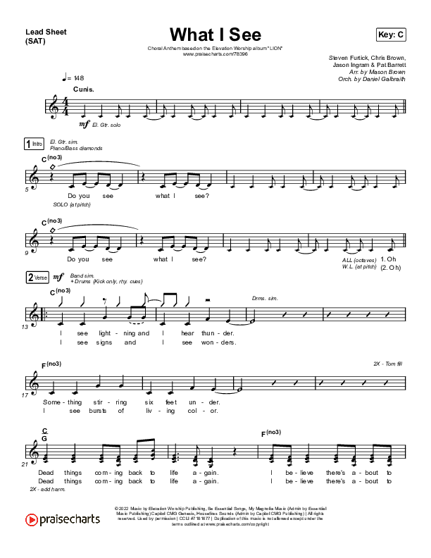 What I See (Choral Anthem SATB) Lead Sheet (SAT) (Elevation Worship / Arr. Mason Brown)