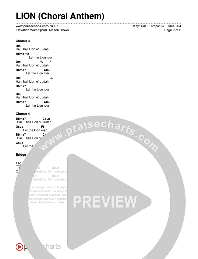 LION (Choral Anthem SATB) Chords & Lyrics (Elevation Worship / Arr. Mason Brown)