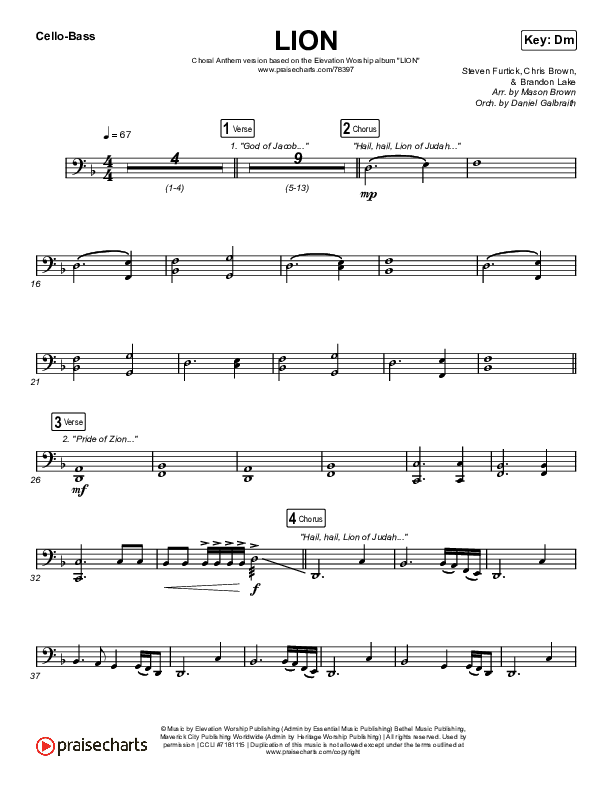 LION (Choral Anthem SATB) Cello/Bass (Elevation Worship / Arr. Mason Brown)
