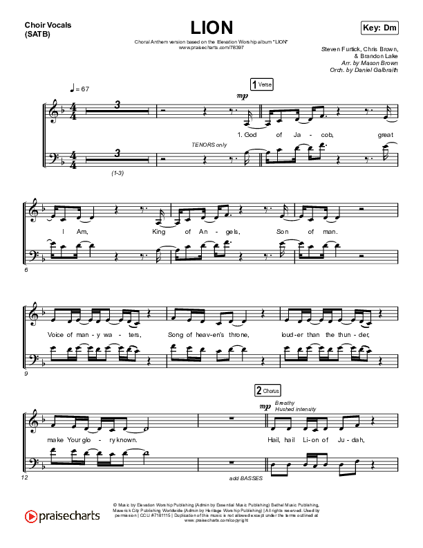 LION (Choral Anthem SATB) Choir Sheet (SATB) (Elevation Worship / Arr. Mason Brown)
