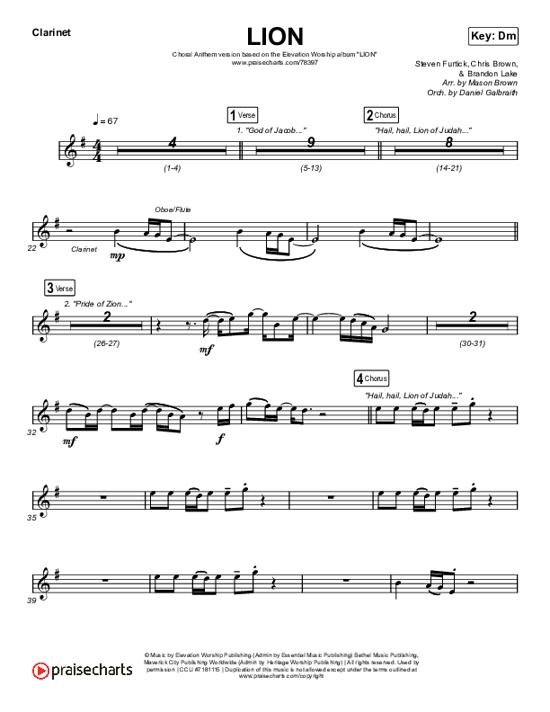LION (Choral Anthem SATB) Clarinet 1,2 (Elevation Worship / Arr. Mason Brown)