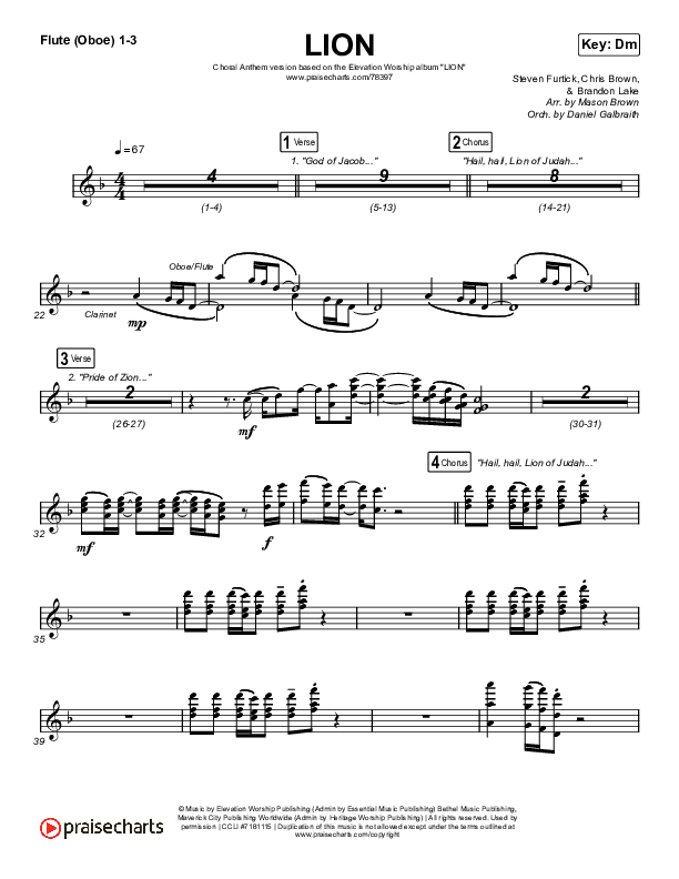 LION (Choral Anthem SATB) Flute/Oboe 1/2/3 (Elevation Worship / Arr. Mason Brown)