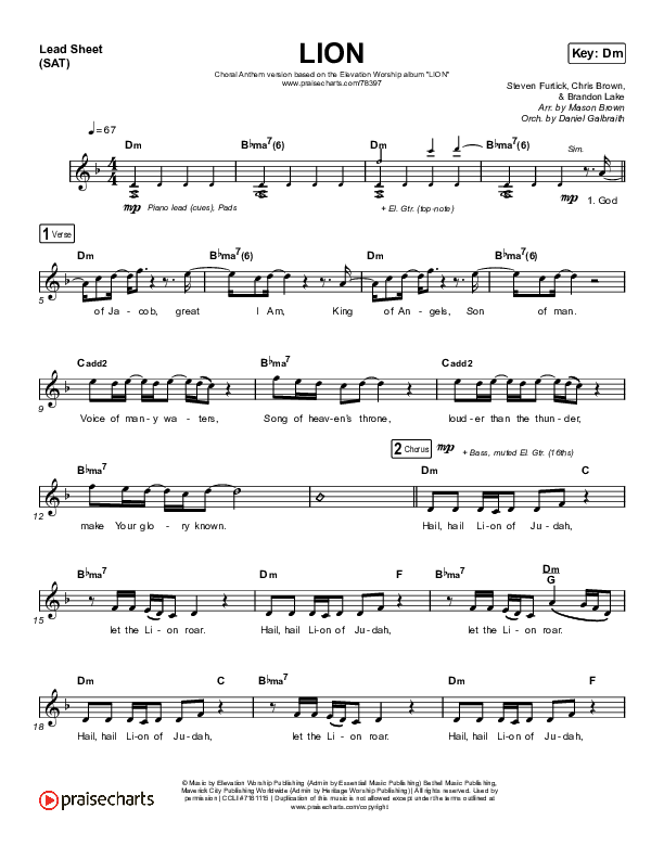 LION (Choral Anthem SATB) Lead Sheet (SAT) (Elevation Worship / Arr. Mason Brown)