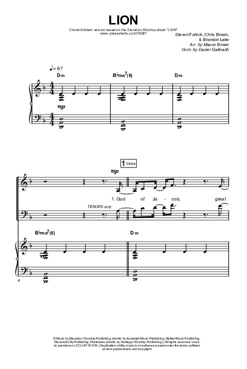 LION (Choral Anthem SATB) Octavo (SATB & Pno) (Elevation Worship / Arr. Mason Brown)
