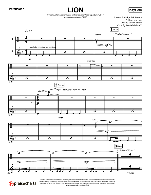 LION (Choral Anthem SATB) Percussion (Elevation Worship / Arr. Mason Brown)