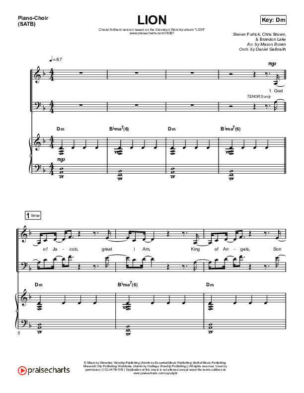 LION (Choral Anthem SATB) Piano/Vocal (SATB) (Elevation Worship / Arr. Mason Brown)