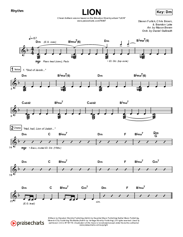 LION (Choral Anthem SATB) Rhythm Chart (Elevation Worship / Arr. Mason Brown)