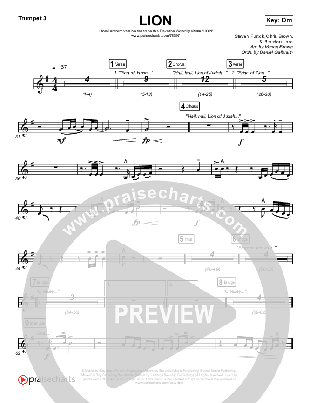 LION (Choral Anthem SATB) Trumpet 3 (Elevation Worship / Arr. Mason Brown)