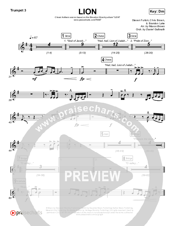 LION (Choral Anthem SATB) Trumpet 1,2 (Elevation Worship / Arr. Mason Brown)