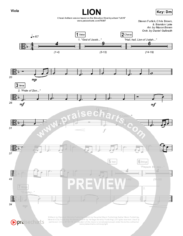 LION (Choral Anthem SATB) Viola (Elevation Worship / Arr. Mason Brown)