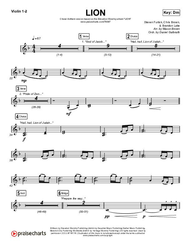 LION (Choral Anthem SATB) Violin 1,2 (Elevation Worship / Arr. Mason Brown)