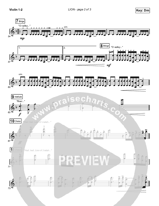 LION (Choral Anthem SATB) Violin 1,2 (Elevation Worship / Arr. Mason Brown)