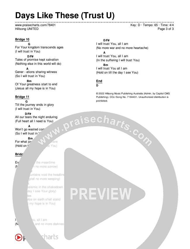 Days Like These (Trust U) Chords & Lyrics (Hillsong UNITED)
