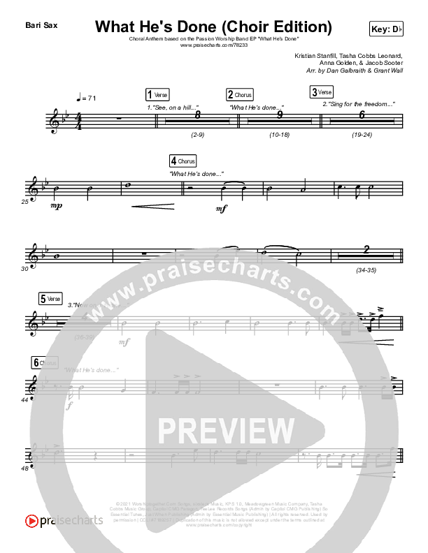 What He's Done (Choir Edition) (Choral Anthem) Bari Sax (Passion / Arr. Erik Foster)