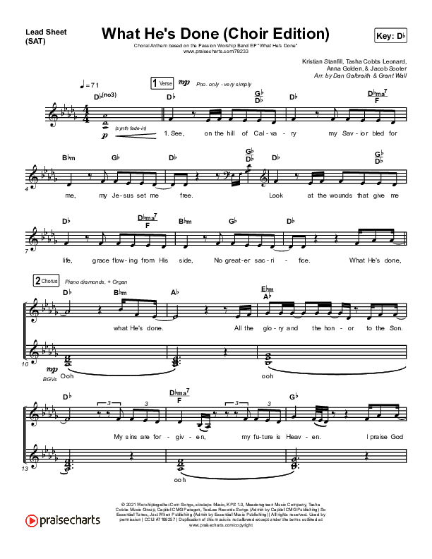 What He's Done (Choir Edition) (Choral Anthem) Lead Sheet (SAT) (Passion / Arr. Erik Foster)