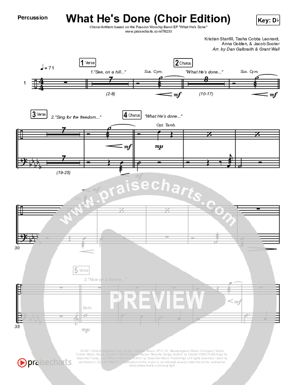 What He's Done (Choir Edition) (Choral Anthem) Percussion (Passion / Arr. Erik Foster)