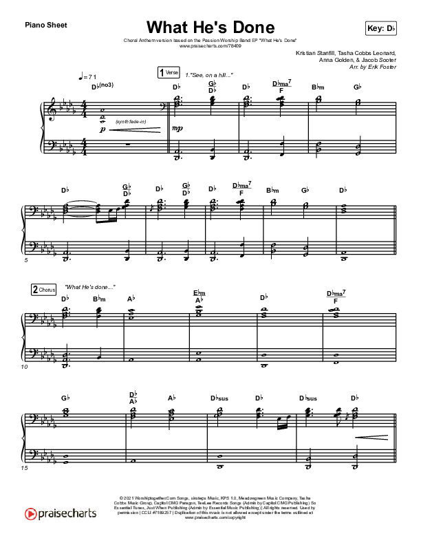 What He's Done (Choir Edition) (Choral Anthem) Piano Sheet (Passion / Arr. Erik Foster)
