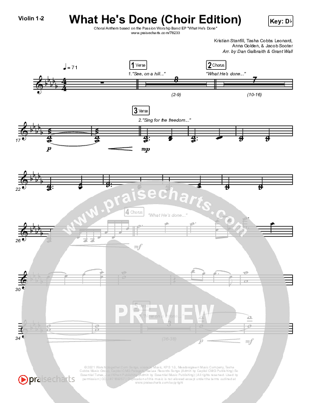 What He's Done (Choir Edition) (Choral Anthem) Violin 1,2 (Passion / Arr. Erik Foster)