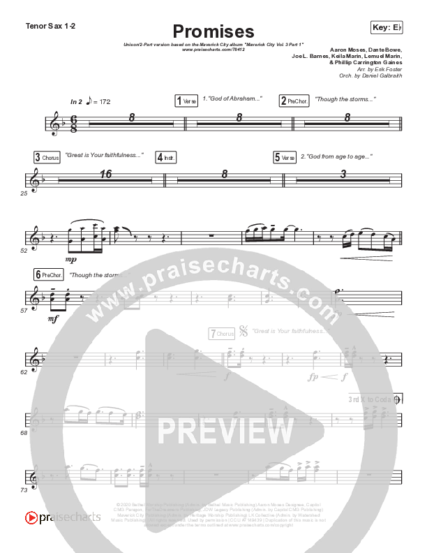 Promises (Unison/2-Part Choir) Tenor Sax 1/2 (Maverick City Music / Arr. Erik Foster)