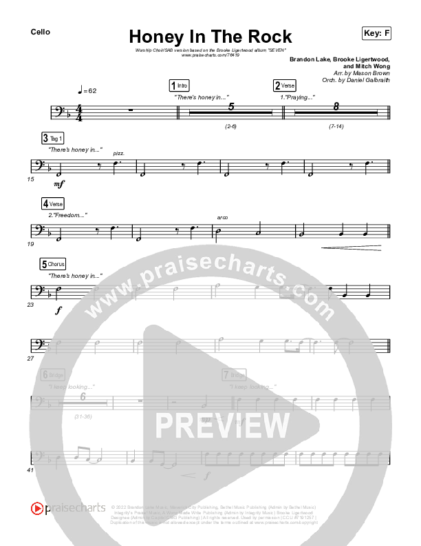 Honey In The Rock (Worship Choir SAB) Cello (Brooke Ligertwood / Arr. Mason Brown)