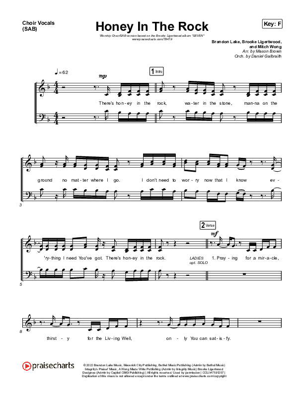 Honey In The Rock (Worship Choir SAB) Choir Sheet (SAB) (Brooke Ligertwood / Arr. Mason Brown)