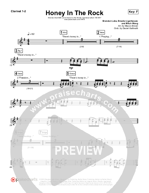 Honey In The Rock (Worship Choir SAB) Clarinet 1/2 (Brooke Ligertwood / Arr. Mason Brown)