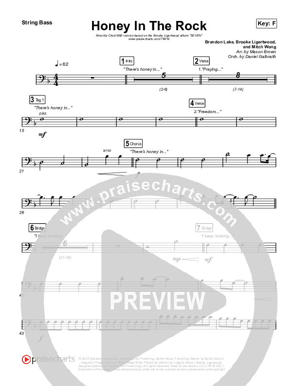 Honey In The Rock (Worship Choir SAB) Double Bass (Brooke Ligertwood / Arr. Mason Brown)