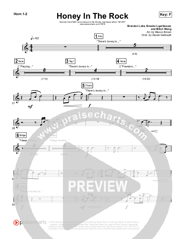 Honey In The Rock (Worship Choir SAB) French Horn 1/2 (Brooke Ligertwood / Arr. Mason Brown)