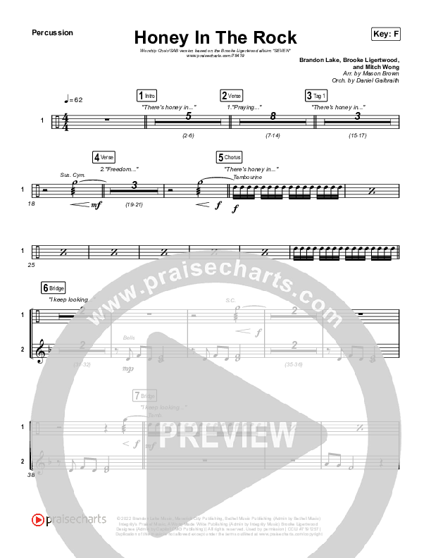 Honey In The Rock (Worship Choir SAB) Percussion (Brooke Ligertwood / Arr. Mason Brown)