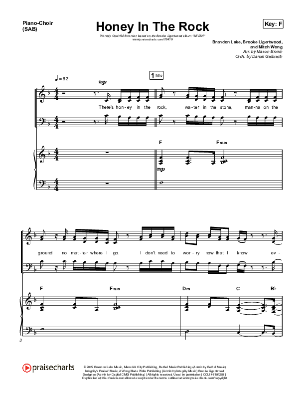Honey In The Rock (Worship Choir SAB) Piano/Choir (SAB) (Brooke Ligertwood / Arr. Mason Brown)
