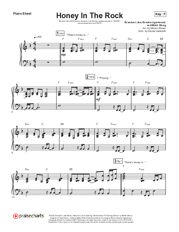 Honey In The Rock (Worship Choir SAB) Piano Sheet (Brooke Ligertwood / Arr. Mason Brown)