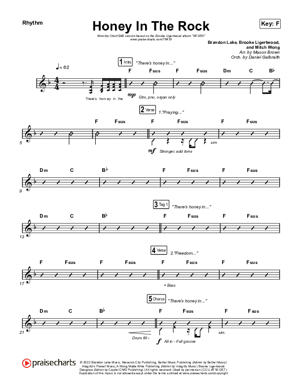 Honey In The Rock (Worship Choir SAB) Rhythm Chart (Brooke Ligertwood / Arr. Mason Brown)