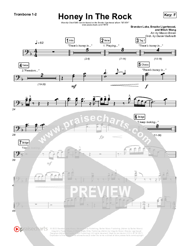 Honey In The Rock (Worship Choir SAB) Trombone 1/2 (Brooke Ligertwood / Arr. Mason Brown)
