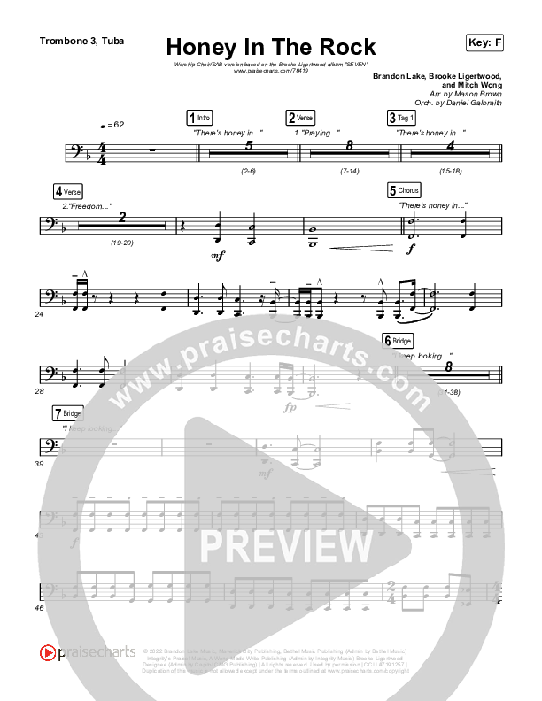 Honey In The Rock (Worship Choir SAB) Trombone 3/Tuba (Brooke Ligertwood / Arr. Mason Brown)