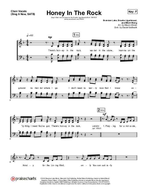 Honey In The Rock (Sing It Now SATB) Choir Sheet (SATB) (Brooke Ligertwood / Arr. Mason Brown)