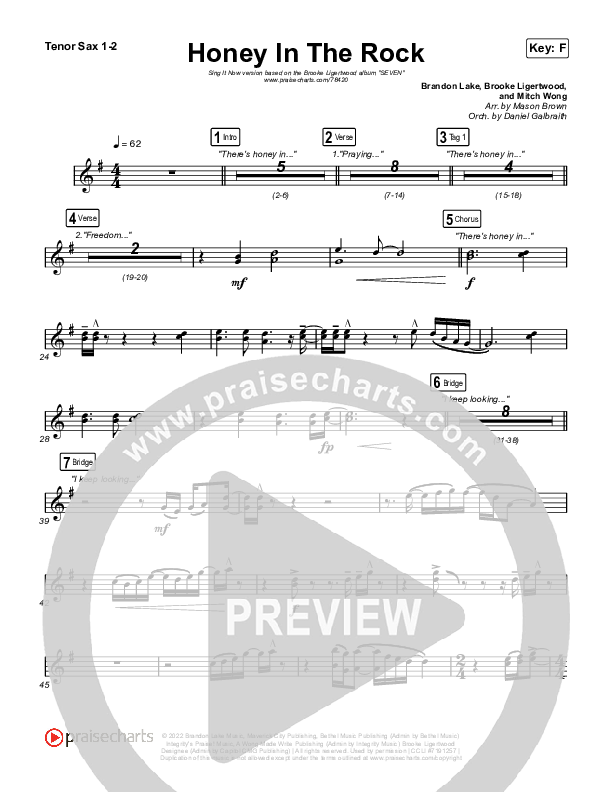 Honey In The Rock (Sing It Now SATB) Tenor Sax 1/2 (Brooke Ligertwood / Arr. Mason Brown)
