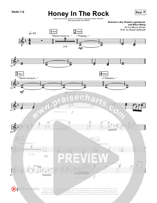 Honey In The Rock (Sing It Now SATB) Violin 1/2 (Brooke Ligertwood / Arr. Mason Brown)