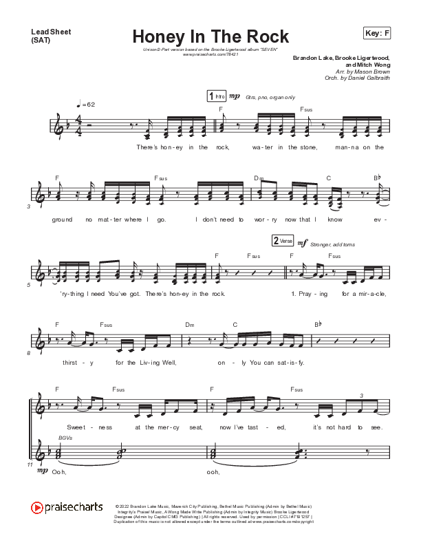 Honey In The Rock (Unison/2-Part Choir) Lead Sheet (SAT) (Brooke Ligertwood / Arr. Mason Brown)